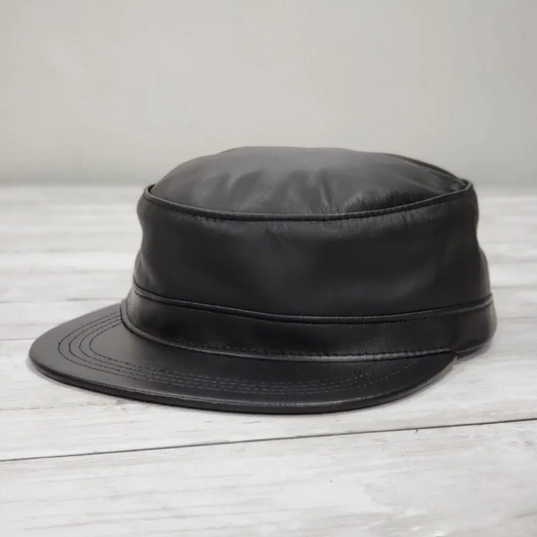 Black Cowhide Leather Military Cadet Cap One Size
