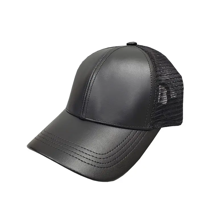 Black Leather Mid-Profile Mesh Cap