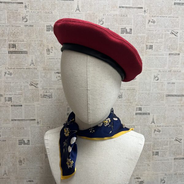 Red Wool Beret w Black Leather Trim front
