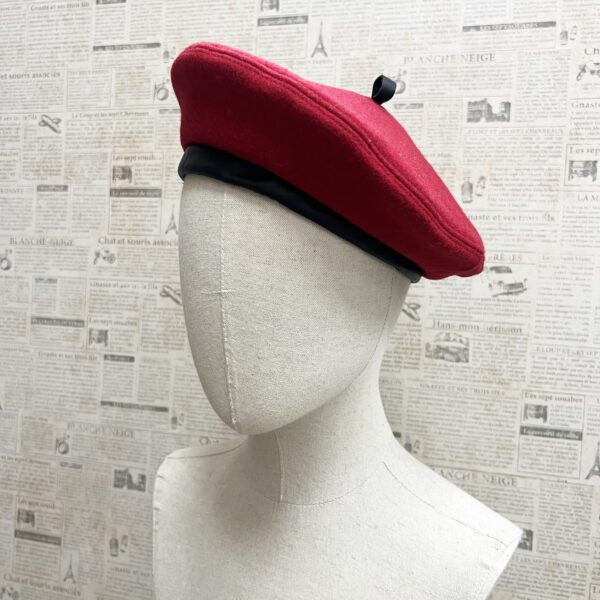 Red Wool Beret w Black Leather Trim side view