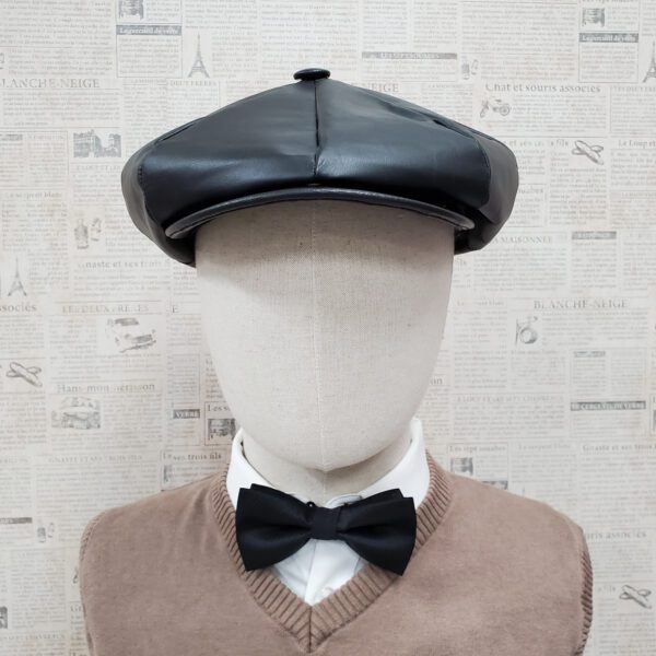Black Cowhide Leather Apple Newsboy Cap front