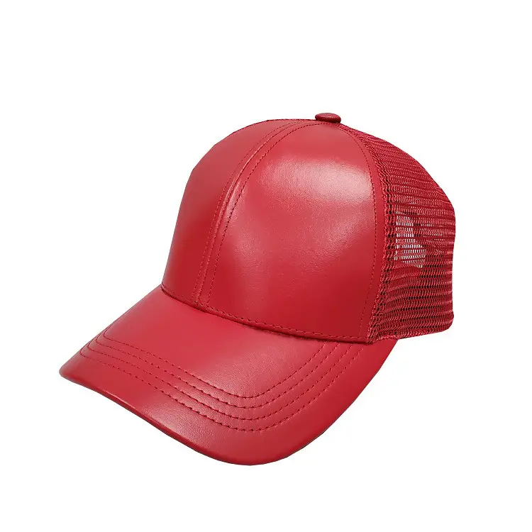 Red Leather Mid Profile Mesh Cap