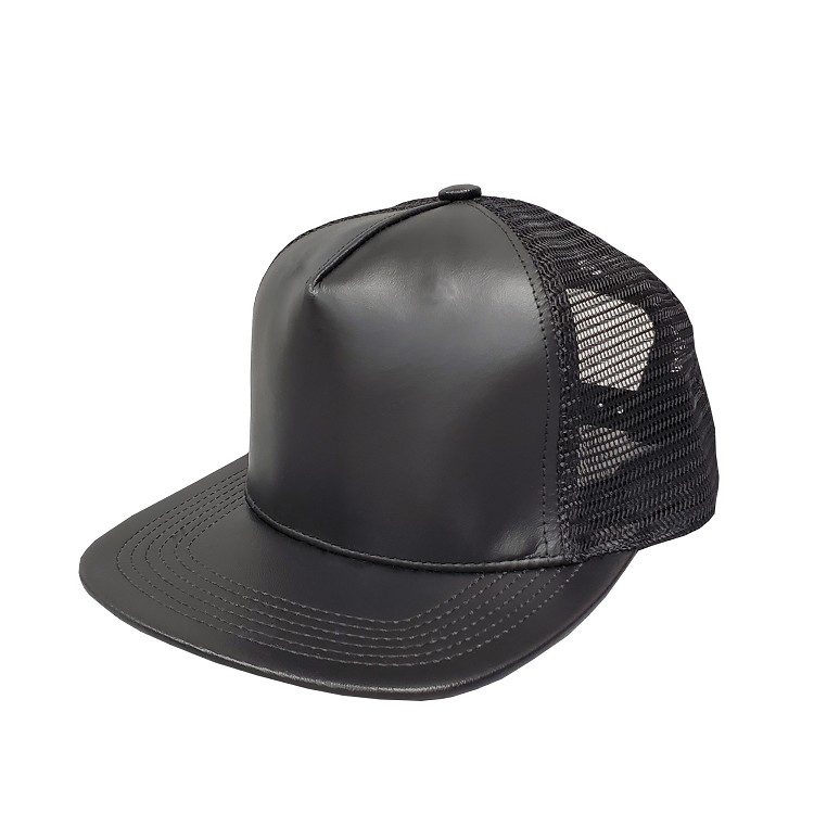 Black Leather High Profile Mesh Cap