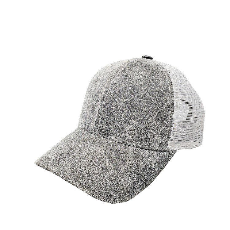 Distressed Grey Leather Mid Profile Mesh Cap